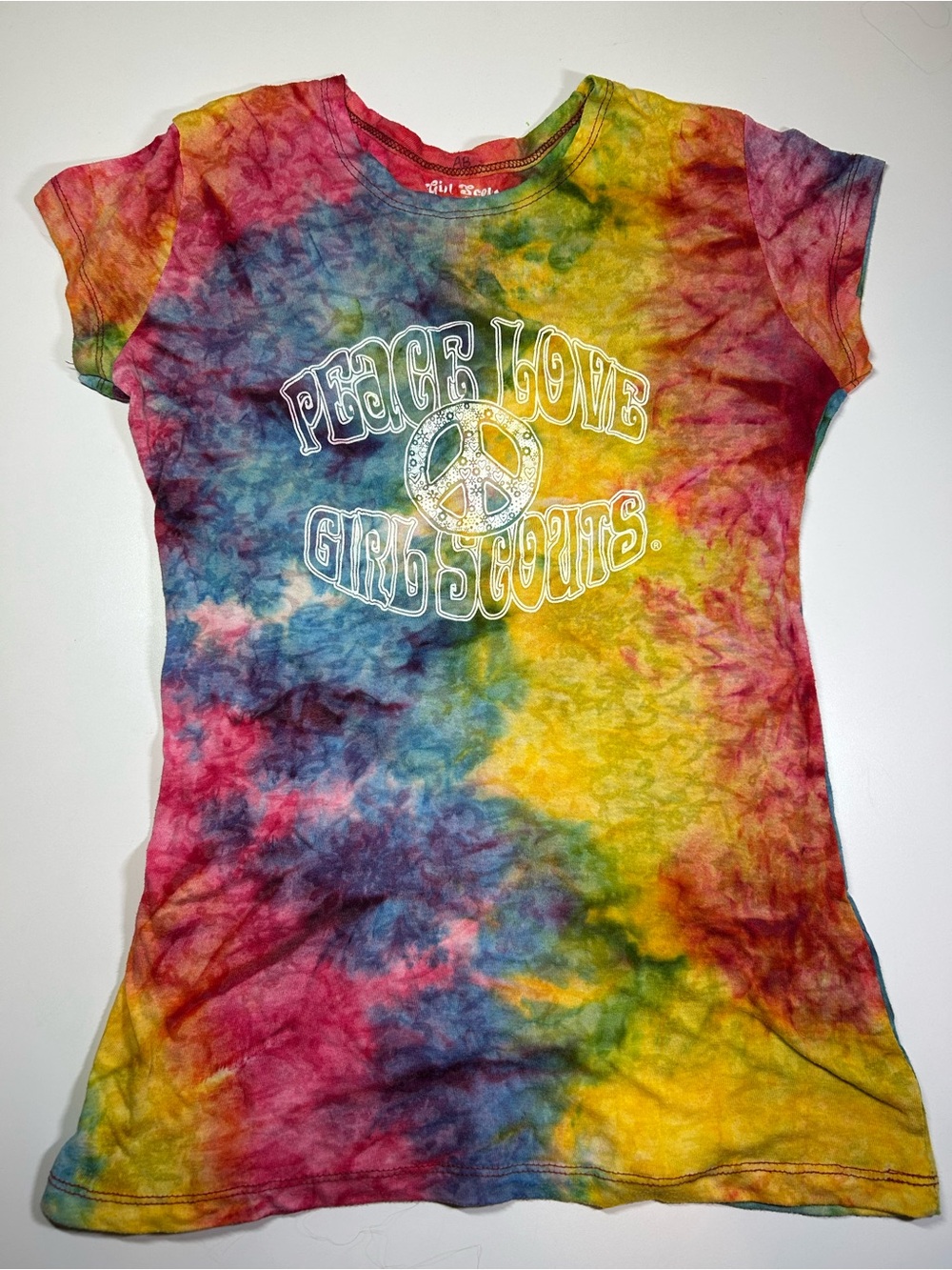Girl Scouts Women's Small S Peace Love Tie-Dye Tee Multicolor Burnout